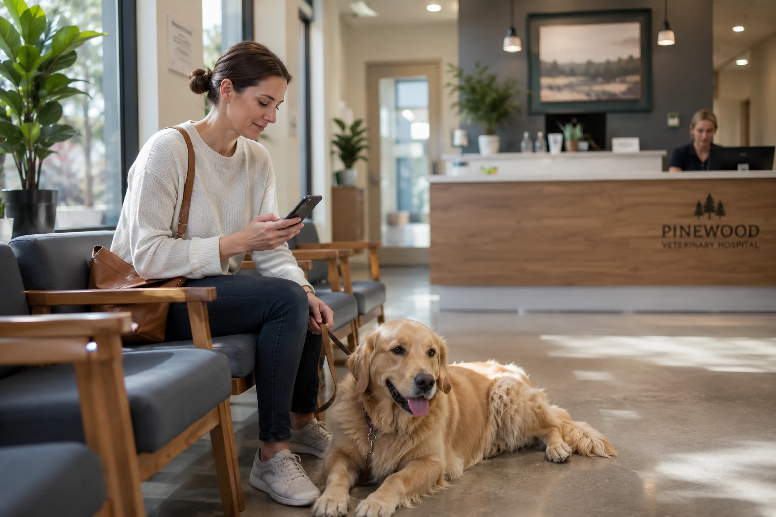 Pet owner in a veterinary waiting room checking appointment details on a smartphone with a dog beside them