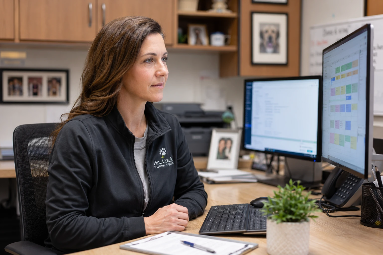 Veterinary practice manager reviewing the schedule and client records at a practice management software workstation