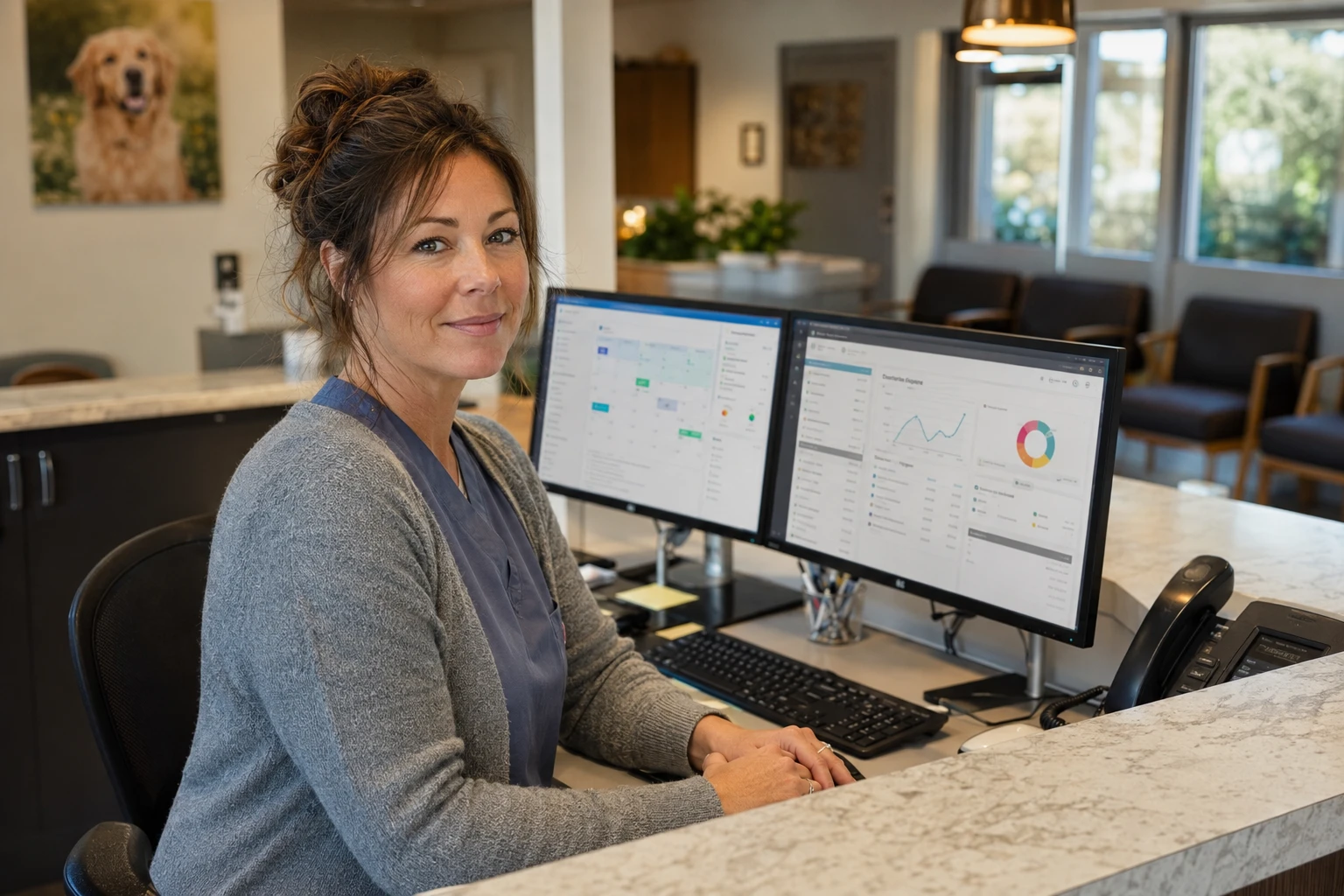 Practice manager working at a dual monitor reception desk in a veterinary hospital, showing how purchasing software connects to the wider practice system.