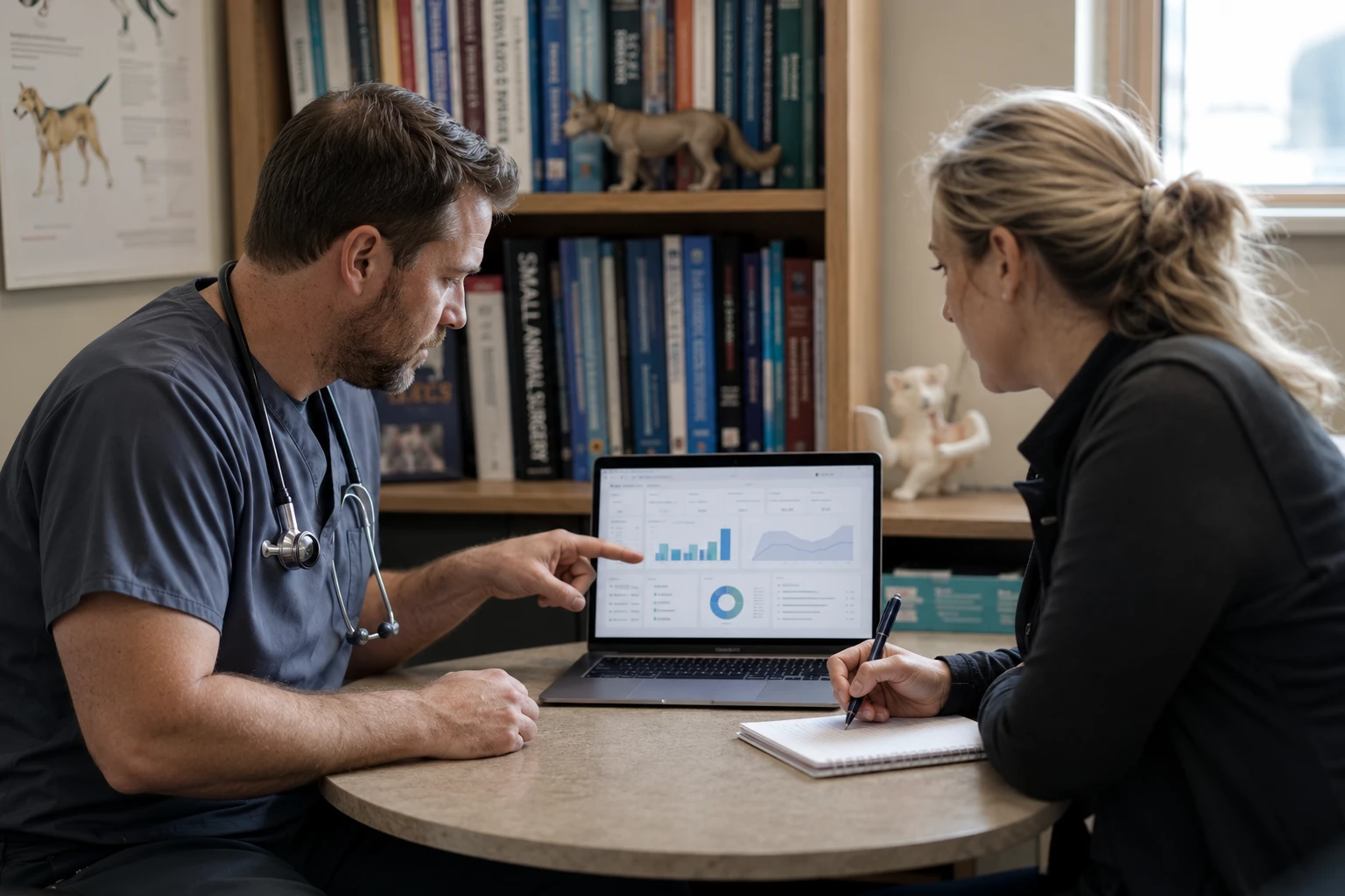 Two veterinary staff evaluating purchasing software on a laptop during a demo, illustrating how to assess a buying platform before adopting it.