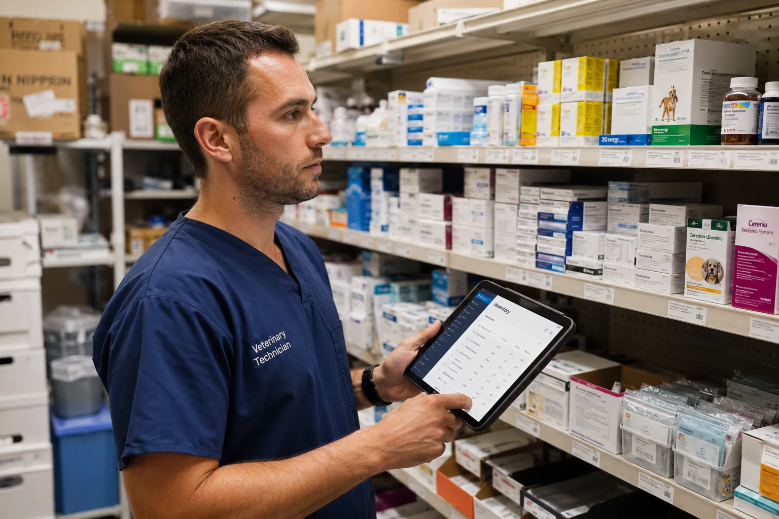Veterinary technician checking supply stock on a tablet in a clinic stockroom, reflecting the ordering and inventory work a buying platform consolidates.