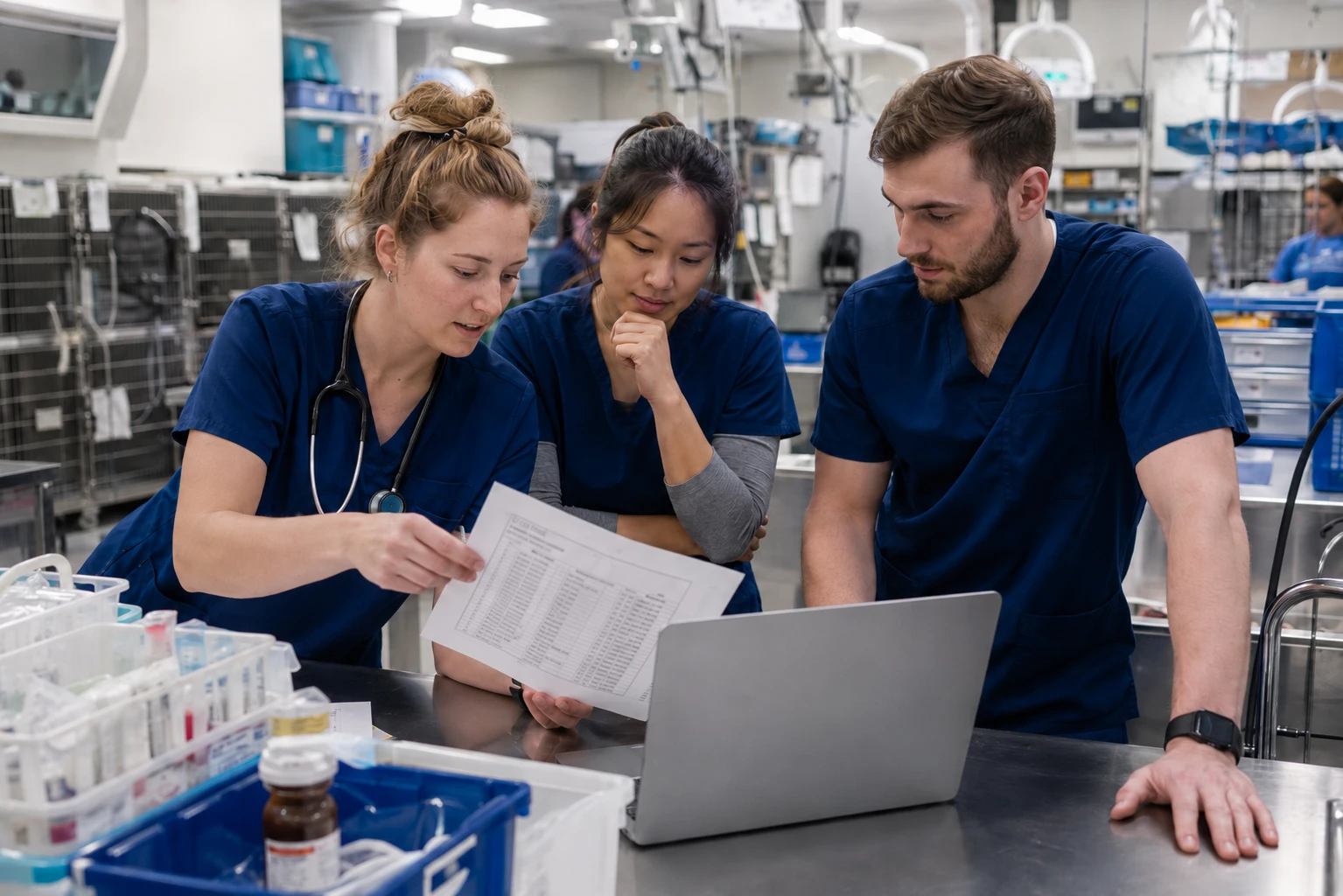 Veterinary team reviewing supply needs together in a larger hospital, representing the multi site and high volume practices a buying platform suits best.