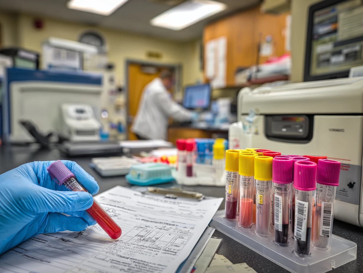 Technician labels blood samples carefully during downtime to prevent errors while vet software is offline