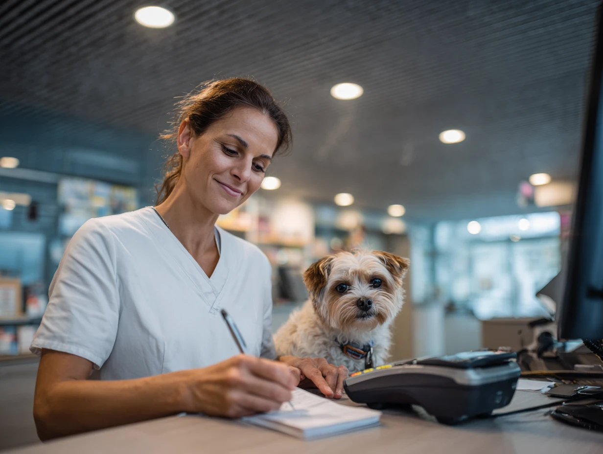 Client pays at checkout while staff records the transaction to reconcile later in vet software