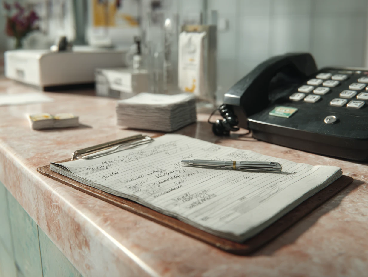 Downtime patient log on a clipboard used as the temporary system while vet software is offline
