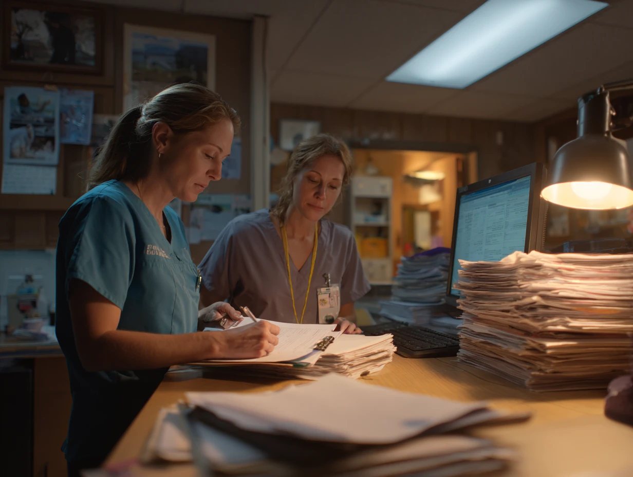 Team reconciling downtime notes and payments after veterinary software comes back online